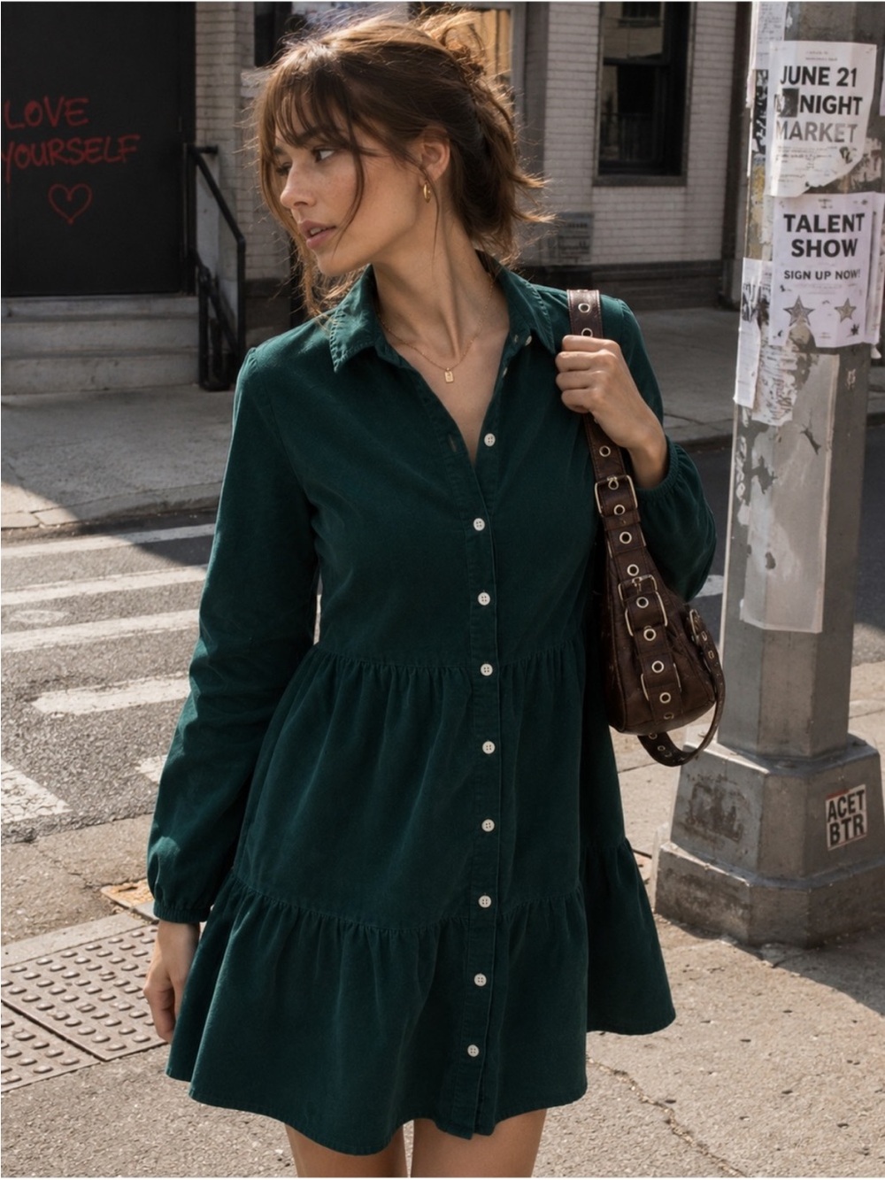 J.Crew Tiered Corduroy Button Front Mini Shirt Dress Forest Green Women's 14